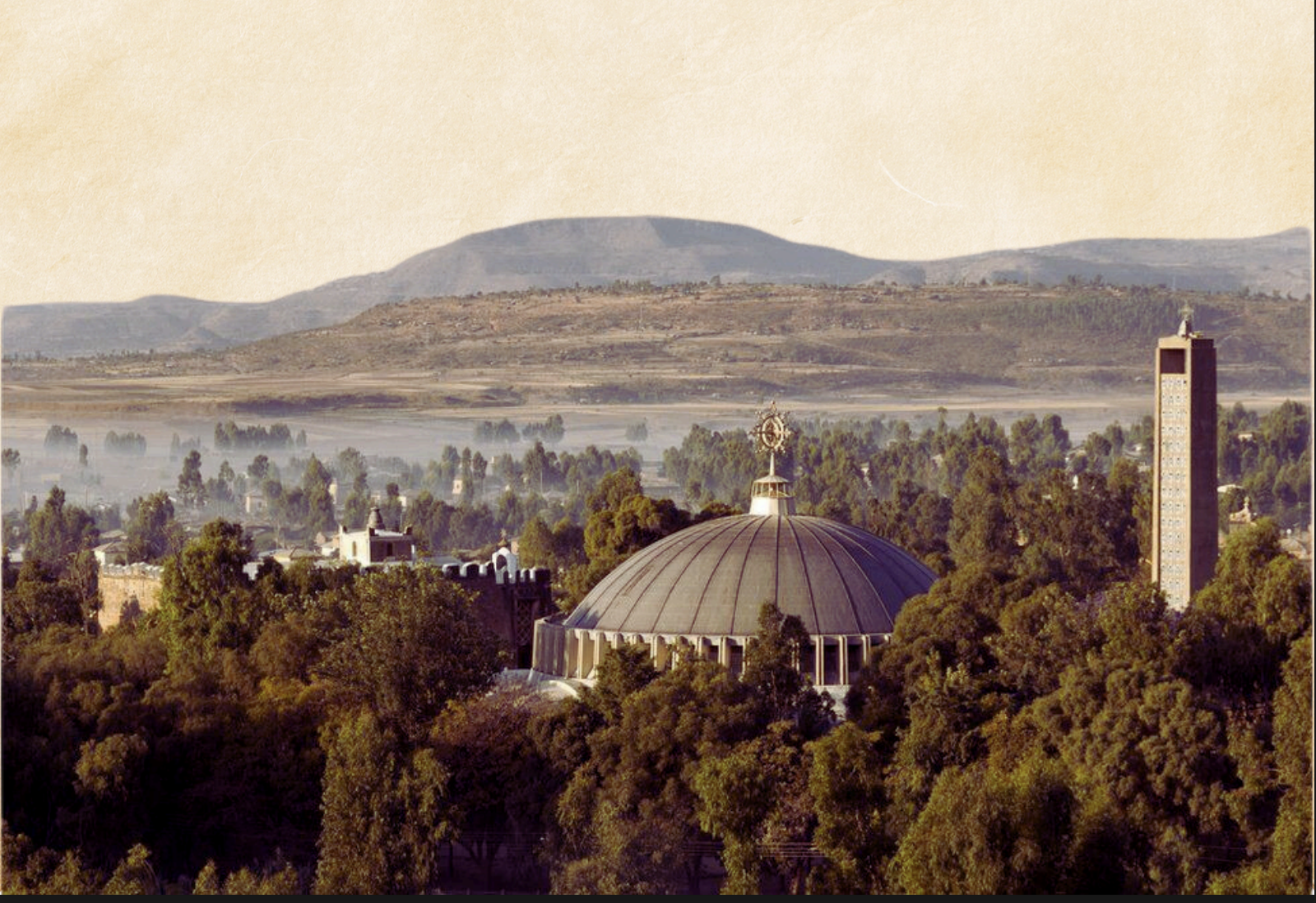 Historic Axum landscape with ancient church and obelisk