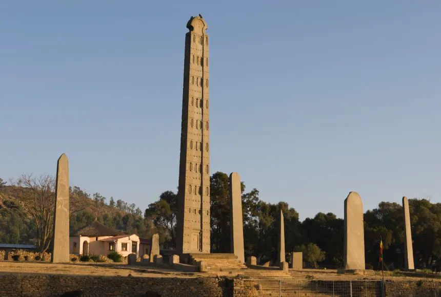 Ancient Axum obelisk stelae field - UNESCO World Heritage site with towering granite monuments